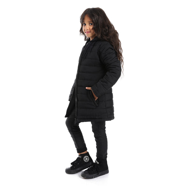 Zipper Closure Long Sleeves Girls Jacket - Black