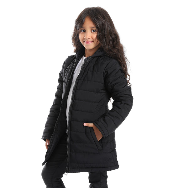 Zipper Closure Long Sleeves Girls Jacket - Black