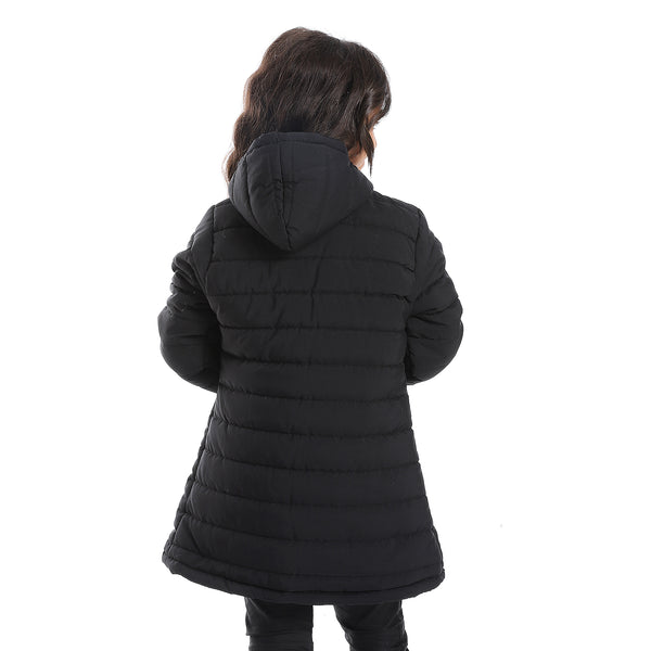 Zipper Closure Long Sleeves Girls Jacket - Black