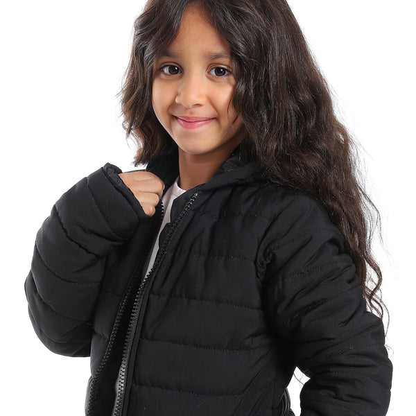 Zipper Closure Long Sleeves Girls Jacket - Black