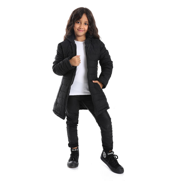 Zipper Closure Long Sleeves Girls Jacket - Black