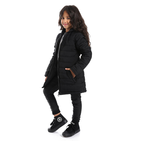 Zipper Closure Long Sleeves Girls Jacket - Black