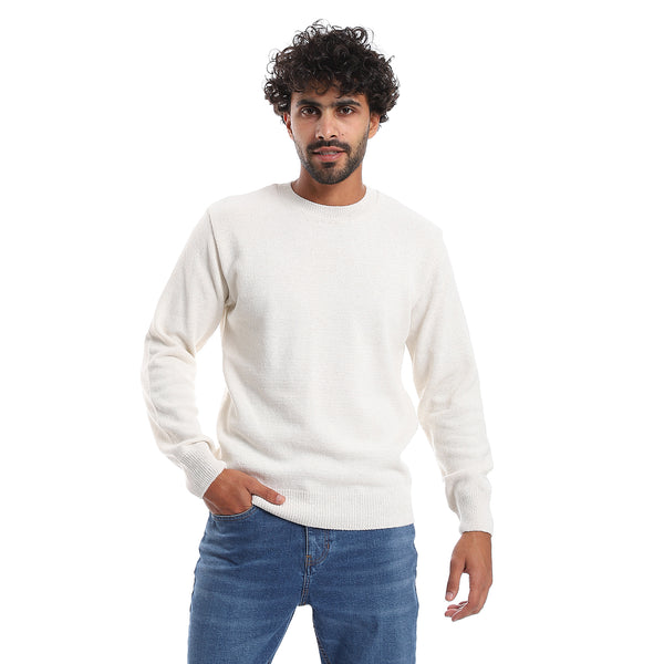 Plain Pattern Round Collar Pullover - Off White