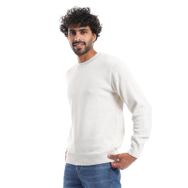 Plain Pattern Round Collar Pullover - Off White