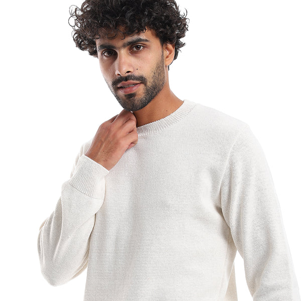 Plain Pattern Round Collar Pullover - Off White
