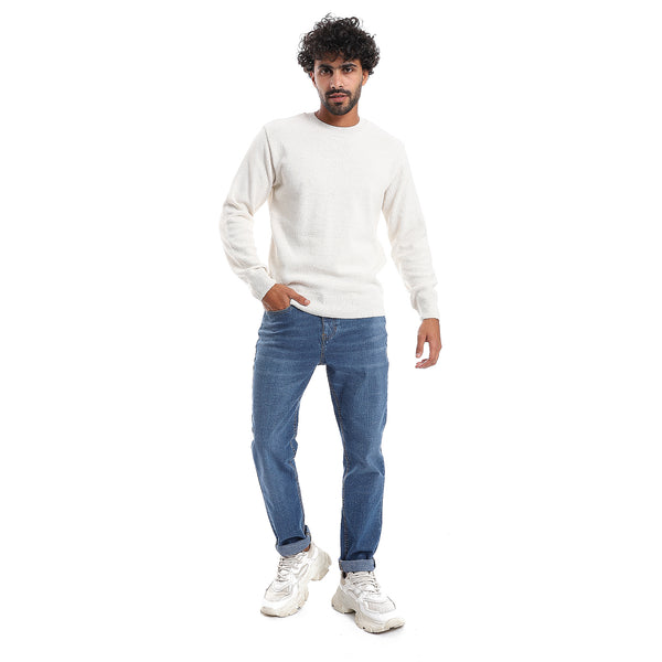 Plain Pattern Round Collar Pullover - Off White