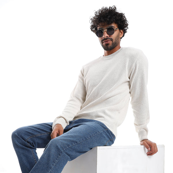 Plain Pattern Round Collar Pullover - Off White