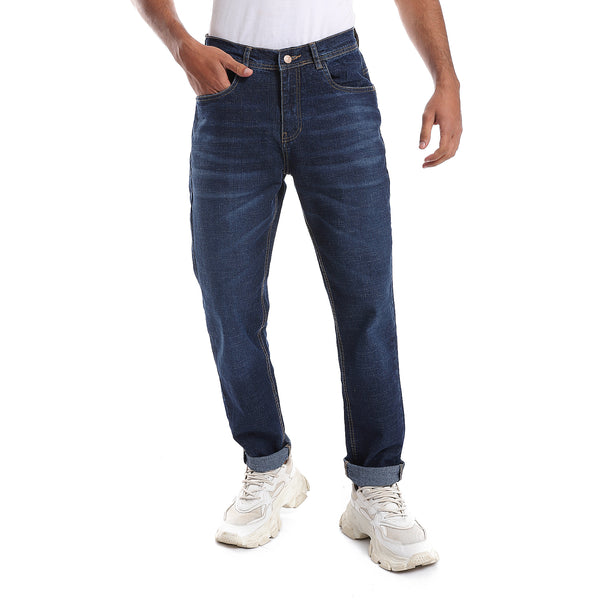 Rounded Pockets Casual Straight Jeans Pants - Navy Blue