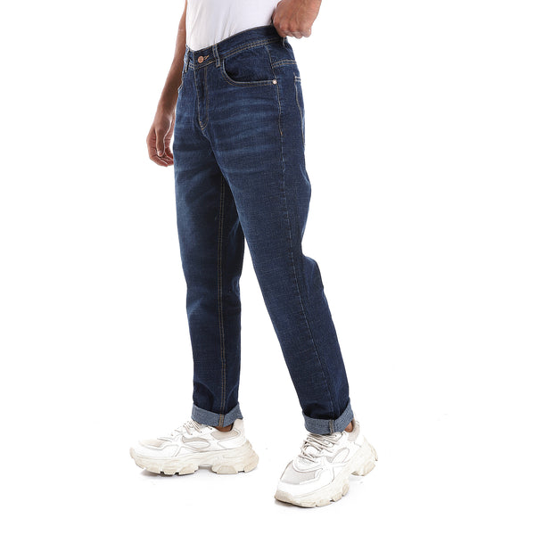 Rounded Pockets Casual Straight Jeans Pants - Navy Blue