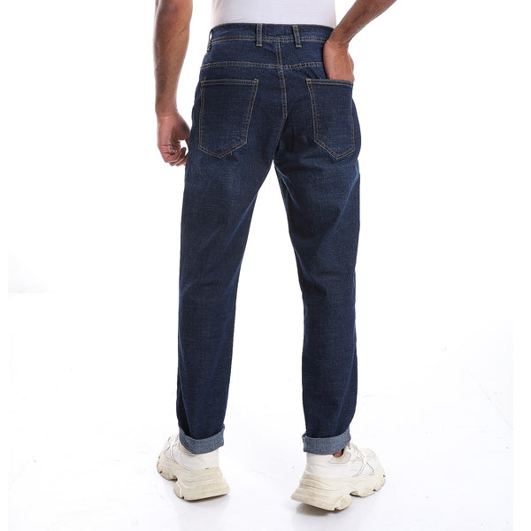 Rounded Pockets Casual Straight Jeans Pants - Navy Blue