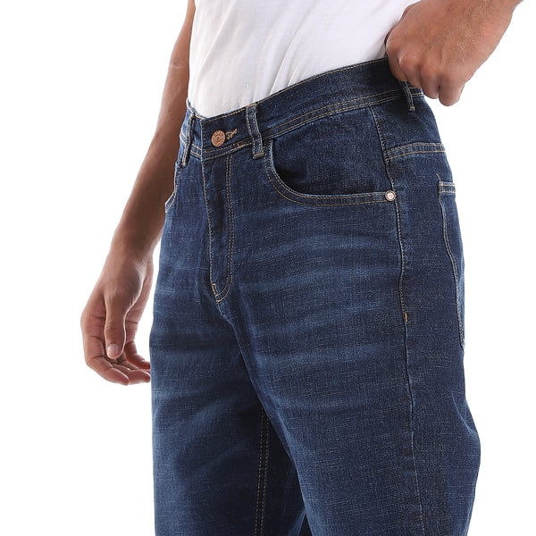 Rounded Pockets Casual Straight Jeans Pants - Navy Blue