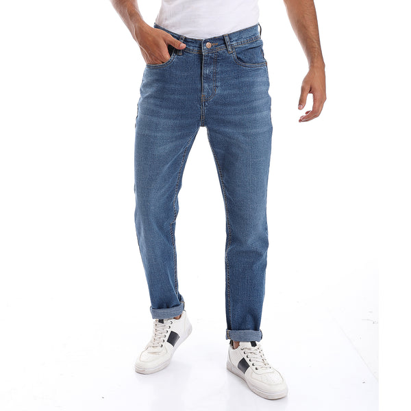 Rounded Pockets Casual Straight Jeans Pants - Denim Blue
