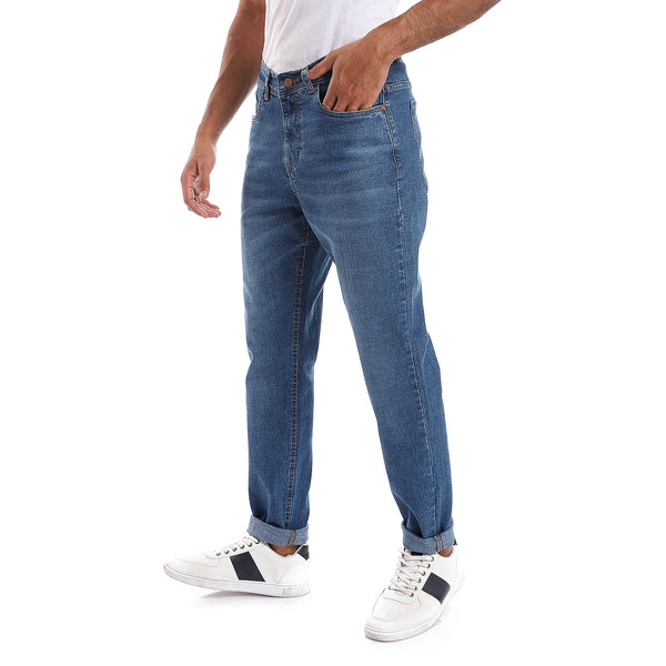 Rounded Pockets Casual Straight Jeans Pants - Denim Blue