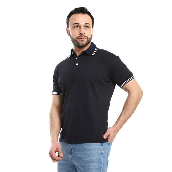 Navy Blue Hips Length Pique Patterned Polo Shirt