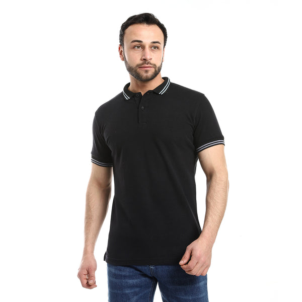 Black Hips Length Pique Patterned Polo Shirt