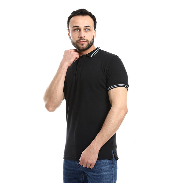 Black Hips Length Pique Patterned Polo Shirt