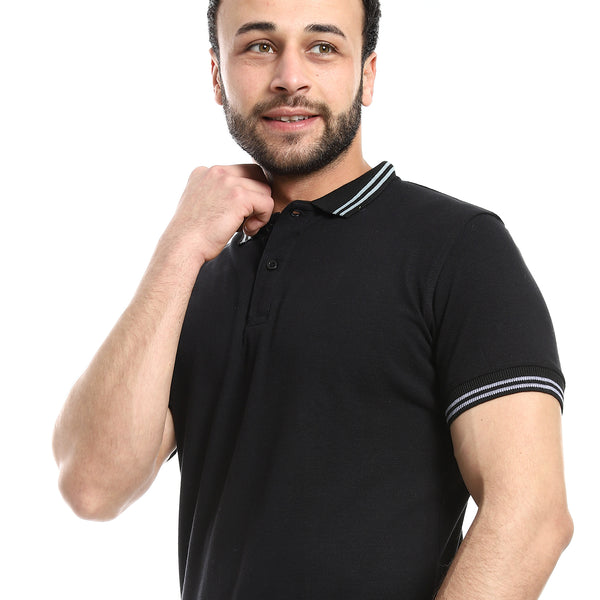 Black Hips Length Pique Patterned Polo Shirt