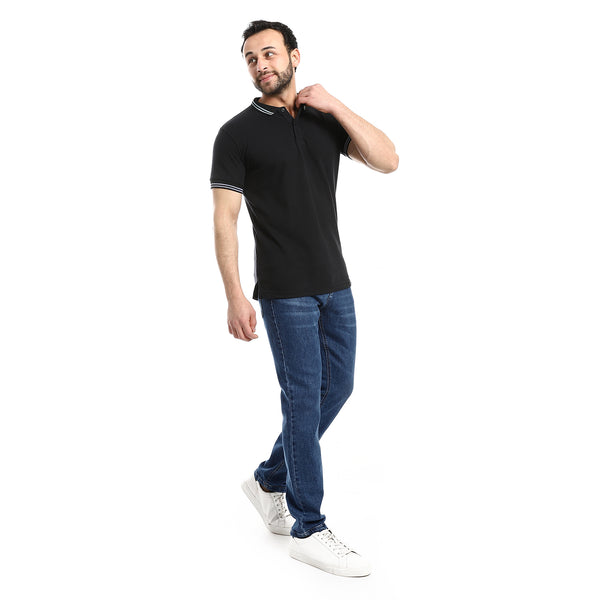 Black Hips Length Pique Patterned Polo Shirt