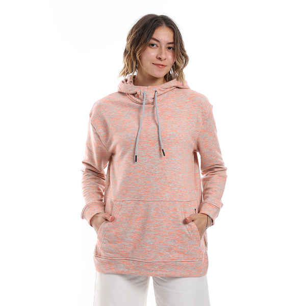 Self Pattern Kangaroo Pockets Hoodie - Neon Orange & Grey