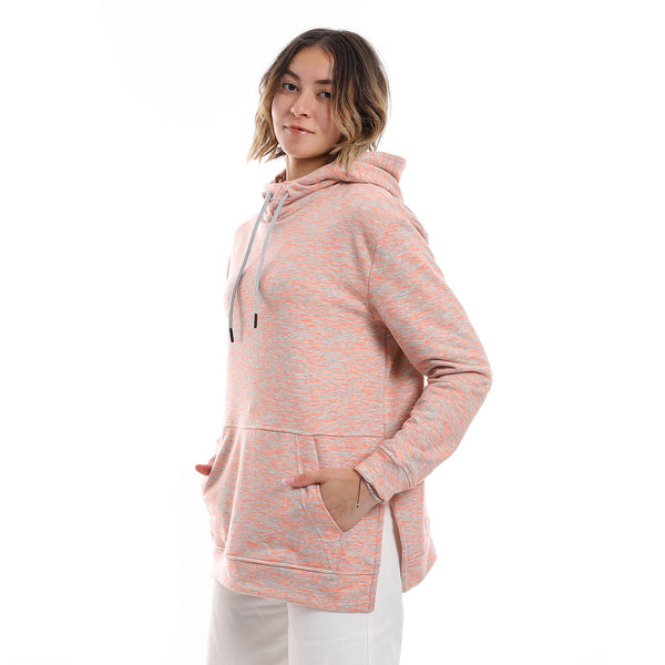 Self Pattern Kangaroo Pockets Hoodie - Neon Orange & Grey