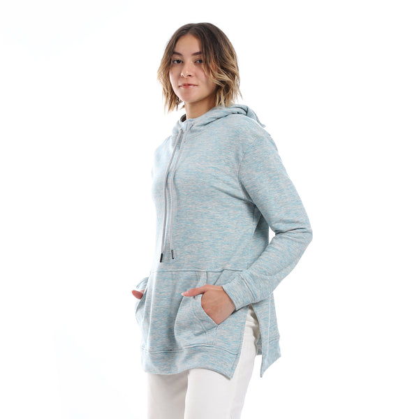 Self Pattern Kangaroo Pockets Hoodie - Turquoise & Grey