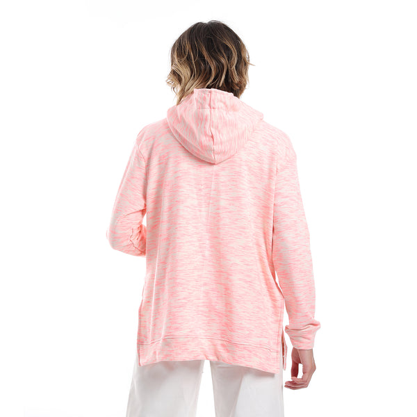 Self Pattern Kangaroo Pockets Hoodie - Neon Pink & Beige