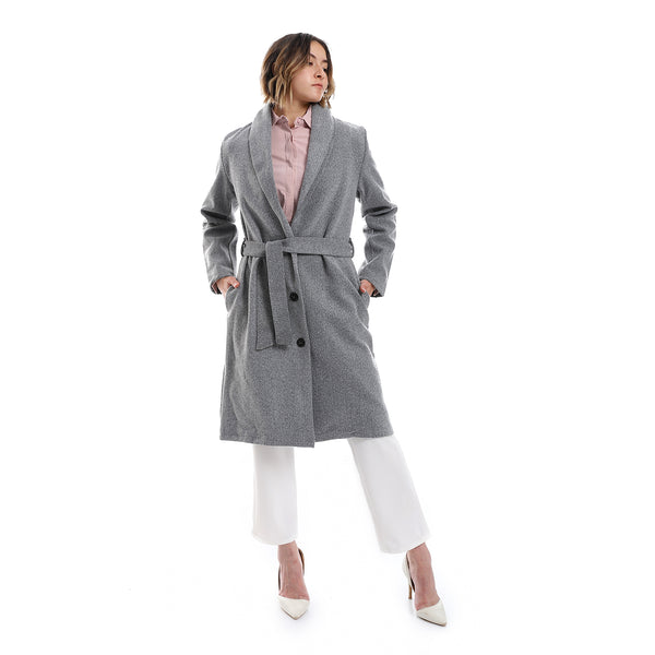 Shawl Lapel Collar Belted Coat - Heather Grey