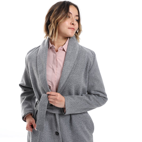 Shawl Lapel Collar Belted Coat - Heather Grey