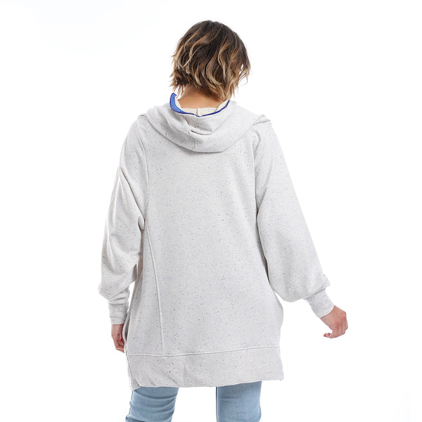 Zipper Closure Long Sleeves Hoodie - Navy Blue & light Grey