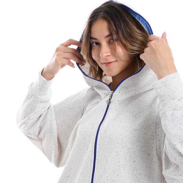 Zipper Closure Long Sleeves Hoodie - Navy Blue & light Grey