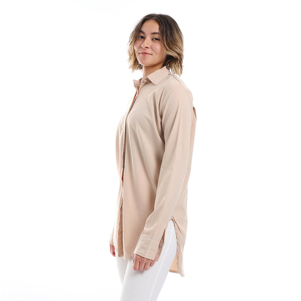 Long Sleeves Hidden Buttons Shirt - Beige