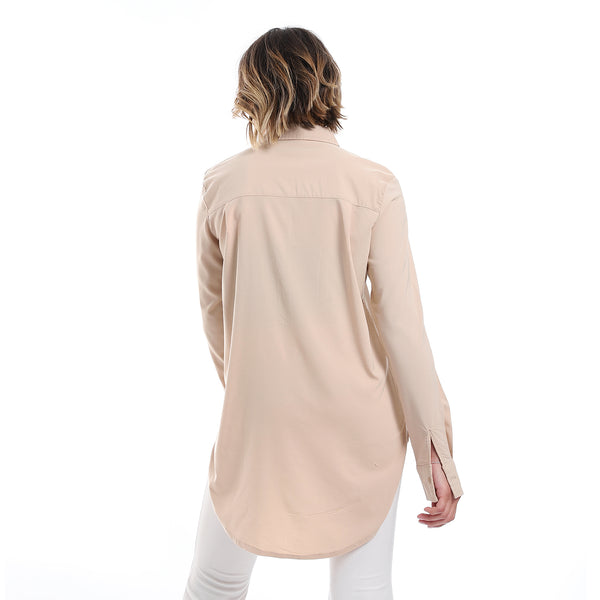 Long Sleeves Hidden Buttons Shirt - Beige