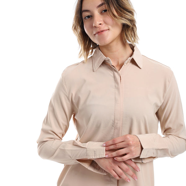 Long Sleeves Hidden Buttons Shirt - Beige
