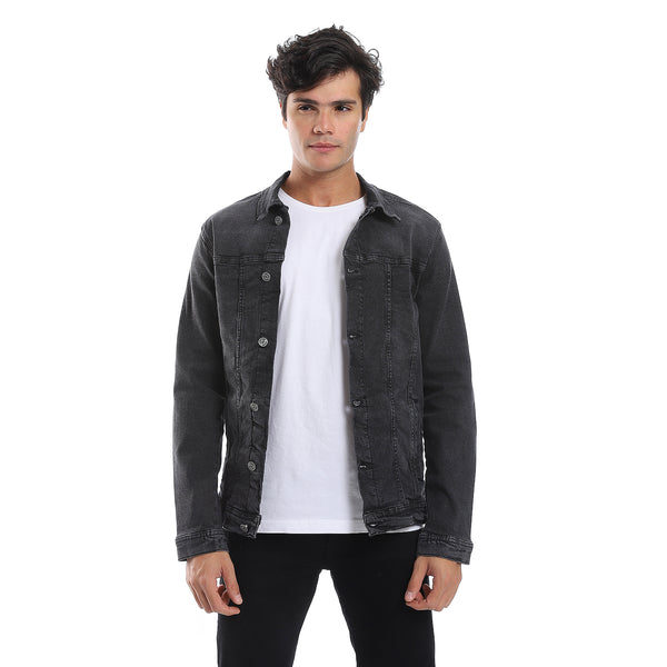 Turn Down Collar Long Sleeves Denim Jacket - Iron Grey