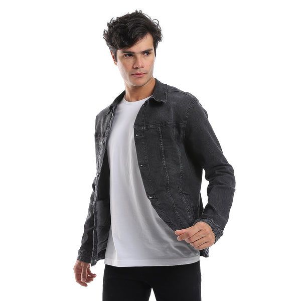 Turn Down Collar Long Sleeves Denim Jacket - Iron Grey