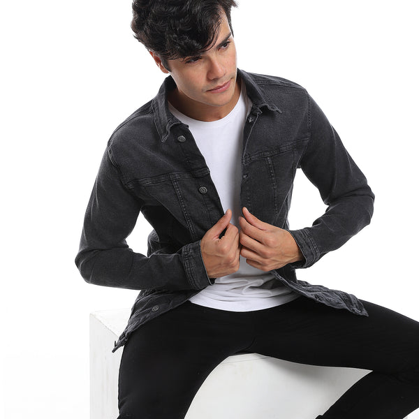 Turn Down Collar Long Sleeves Denim Jacket Iron Grey Andora