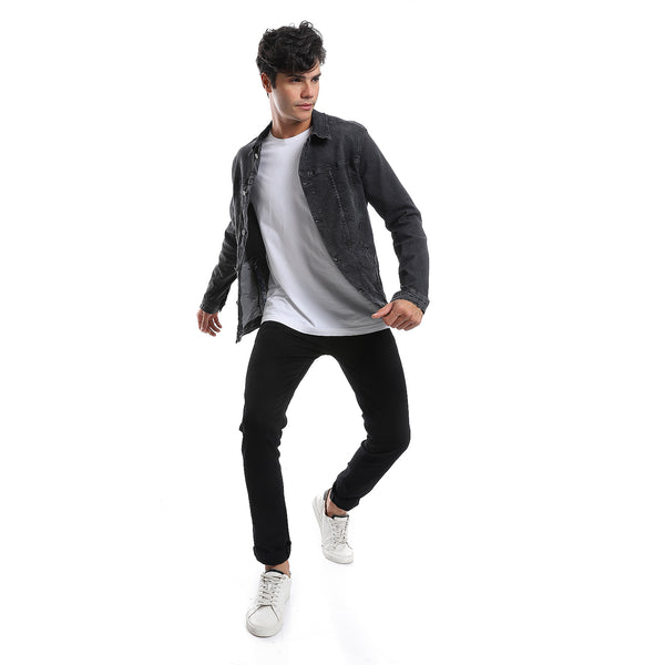 Turn Down Collar Long Sleeves Denim Jacket - Iron Grey