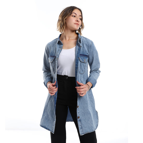 Turn Down Collar long sleeves Denim Shirt_ Light Blue