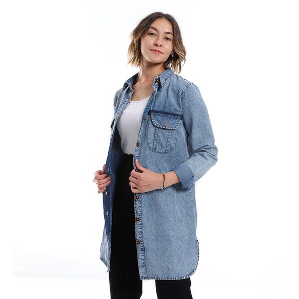 Turn Down Collar long sleeves Denim Shirt_ Light Blue