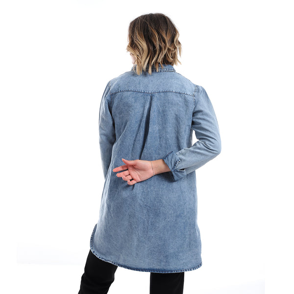 Turn Down Collar long sleeves Denim Shirt_ Light Blue