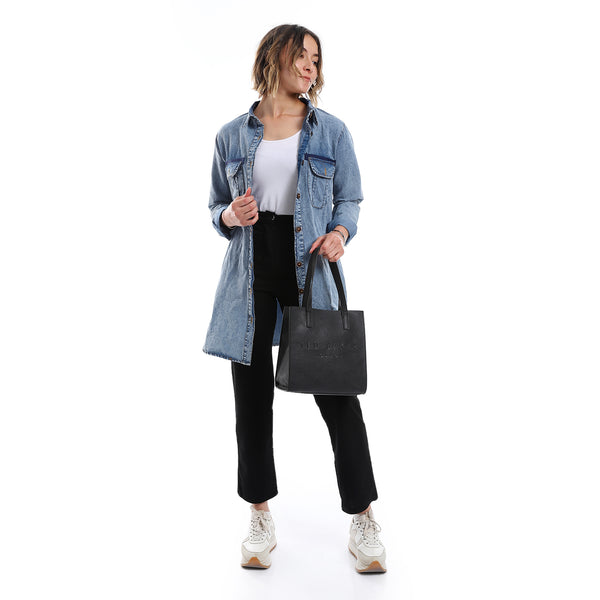 Turn Down Collar long sleeves Denim Shirt_ Light Blue