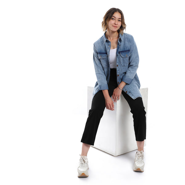 Turn Down Collar long sleeves Denim Shirt_ Light Blue