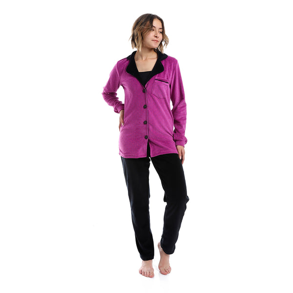 Polka Dot Pattern Notch Lapel Pajama - Purple, Black & Fuchsia