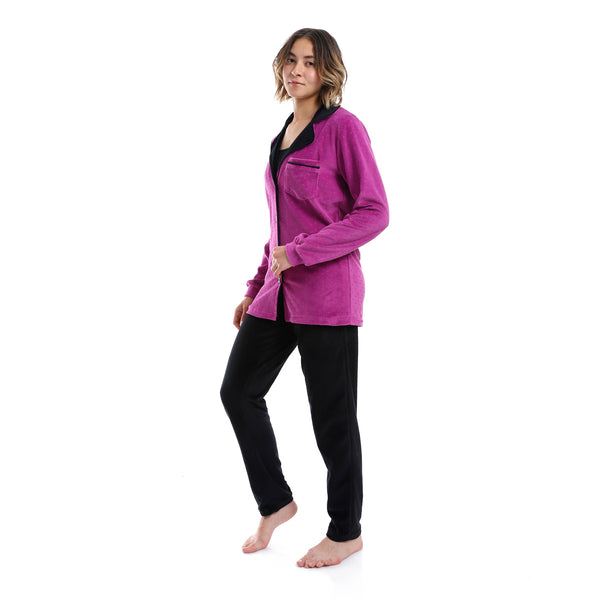 Polka Dot Pattern Notch Lapel Pajama - Purple, Black & Fuchsia