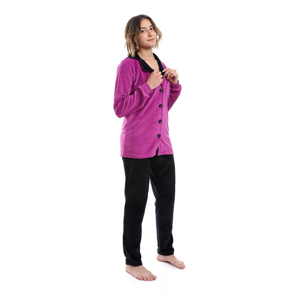 Polka Dot Pattern Notch Lapel Pajama - Purple, Black & Fuchsia