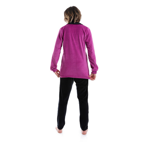 Polka Dot Pattern Notch Lapel Pajama - Purple, Black & Fuchsia