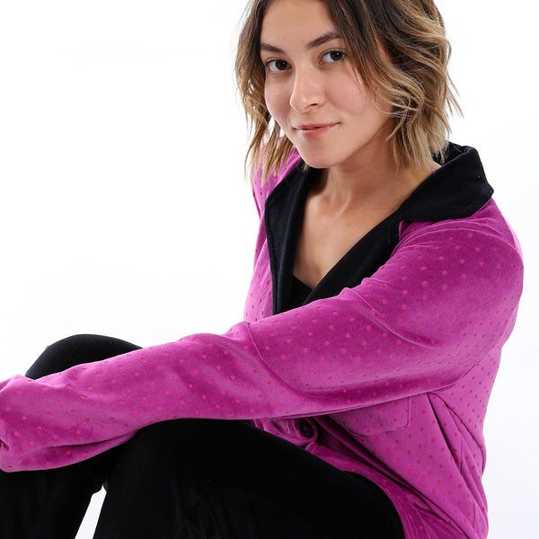 Polka Dot Pattern Notch Lapel Pajama - Purple, Black & Fuchsia