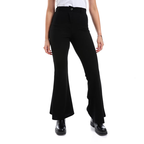 Fly Zipper Button Closure Flare Leg Pants - Black