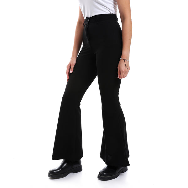 Fly Zipper Button Closure Flare Leg Pants - Black