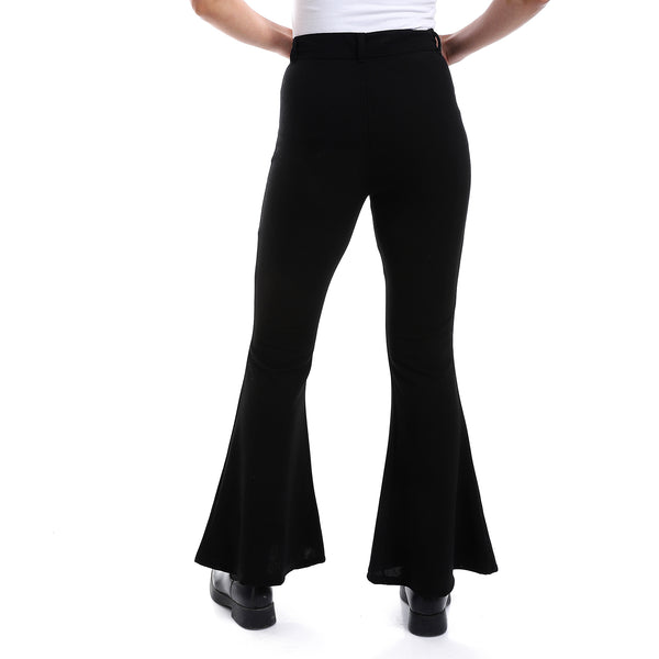 Fly Zipper Button Closure Flare Leg Pants - Black